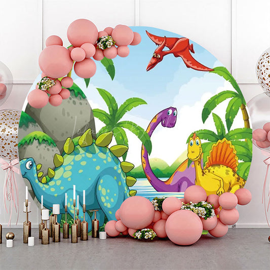 Lofaris Colorful Dinosaurs Palm Trees Round Party Backdrop