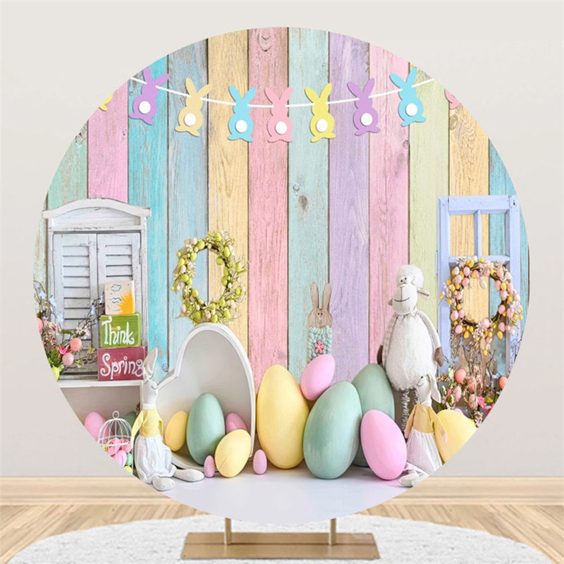 Lofaris Colorful Eggs Wood Rerto Wall Round Easter Backdrop