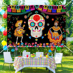 Lofaris Colorful Floral Skull Black Mexican Fiesta Backdrop
