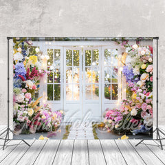 Lofaris Colorful Floral White Door Spring Photo Backdrop