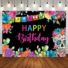Lofaris Colorful Flower Light Skull Happy Birthday Backdrop