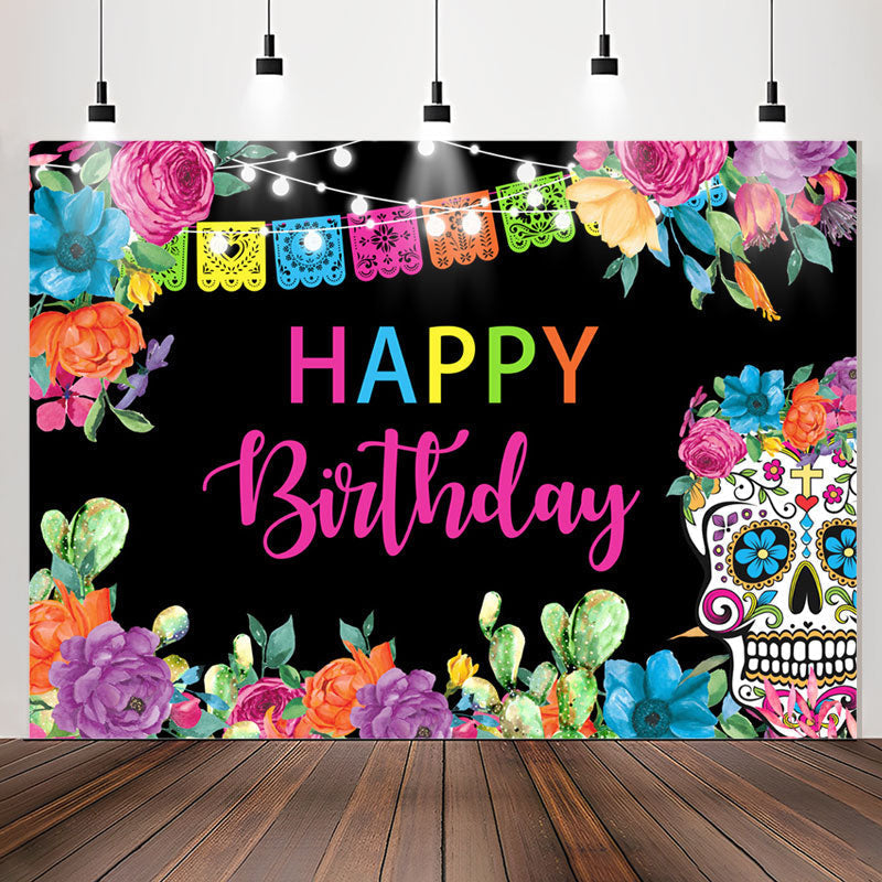Lofaris Colorful Flower Light Skull Happy Birthday Backdrop