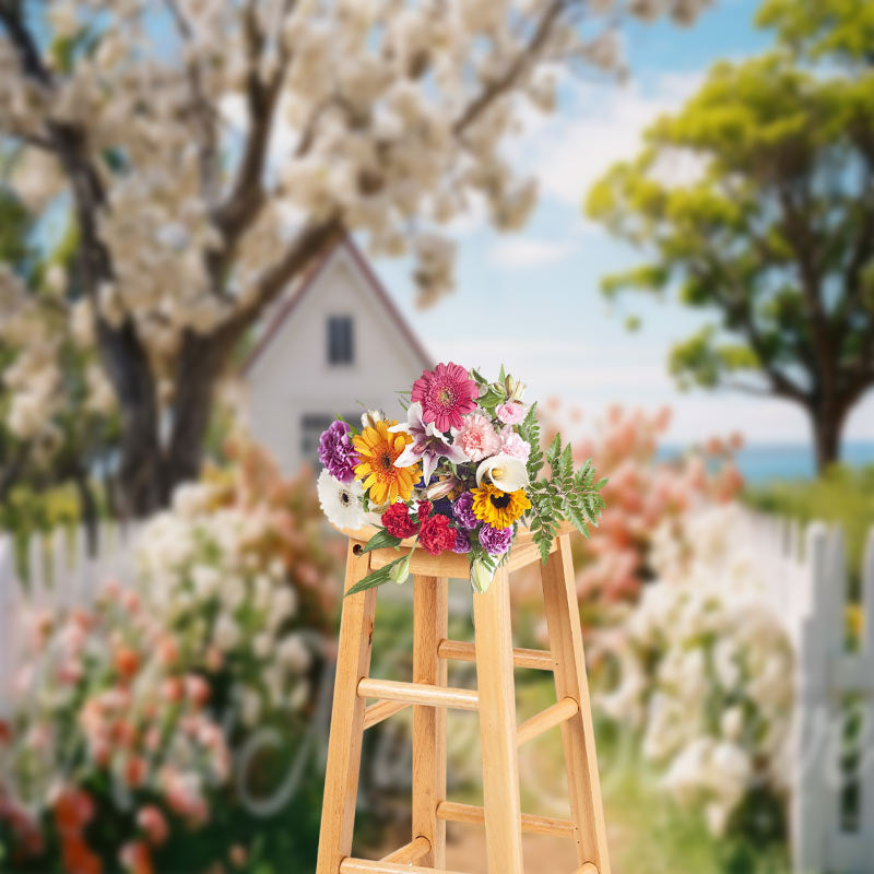 Lofaris Colorful Flowers Wooden Fence House Spring Backdrop