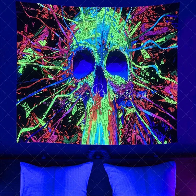 Lofaris (Ship In 24HR) Colorful Hippie Skull Wall Blacklight Tapestry for Bedroom