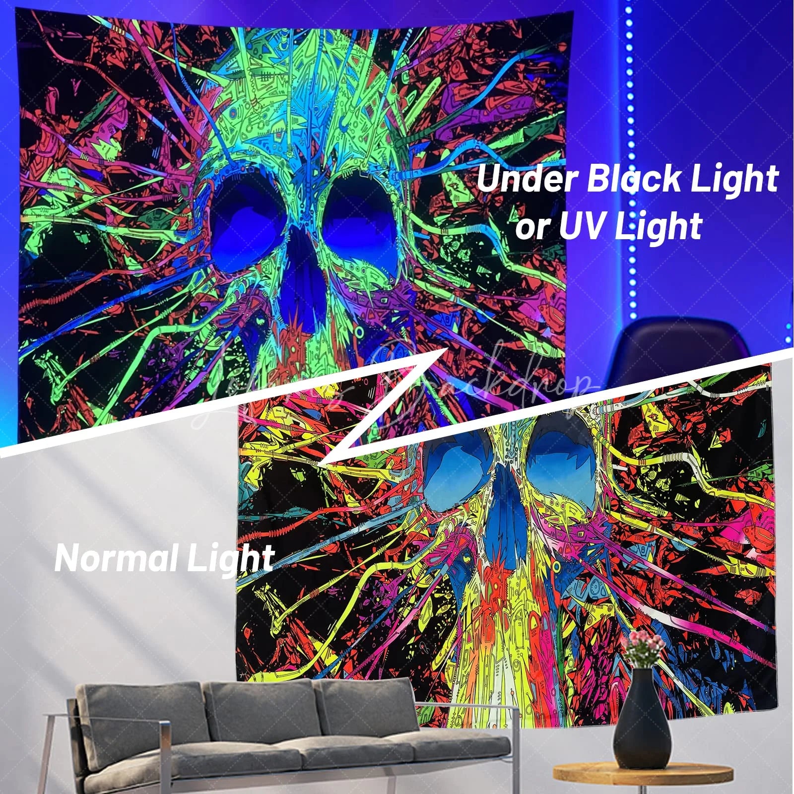 Lofaris Colorful Hippie Skull Wall Blacklight Tapestry for Bedroom