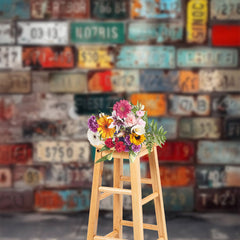 Lofaris Colorful License Plate Brick Wall Photo Backdrop