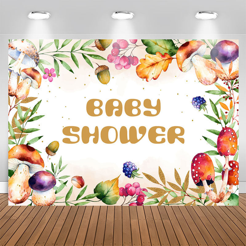 Lofaris Colorful Mushrooms Leaves Beige Baby Shower Backdrop
