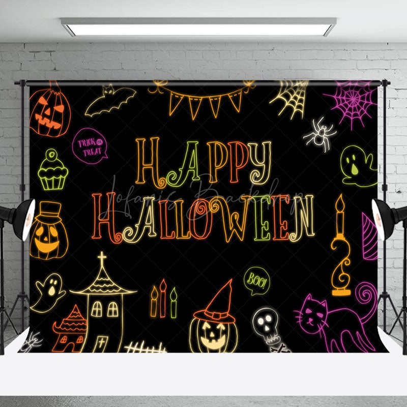Lofaris Colorful Neon Ghosts Black Happy Halloween Backdrop