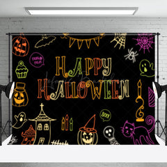 Lofaris Colorful Neon Ghosts Black Happy Halloween Backdrop