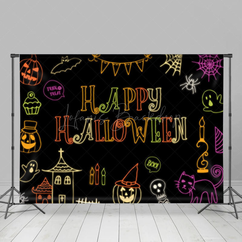 Lofaris Colorful Neon Ghosts Black Happy Halloween Backdrop