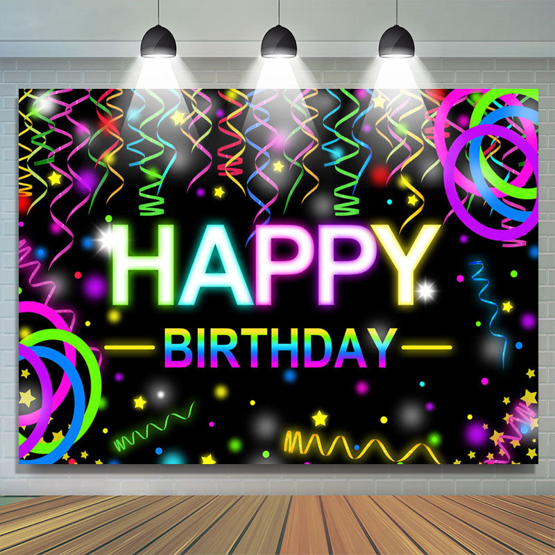 Lofaris Colorful Ribbons Bokeh Black Happy Birthday Backdrop