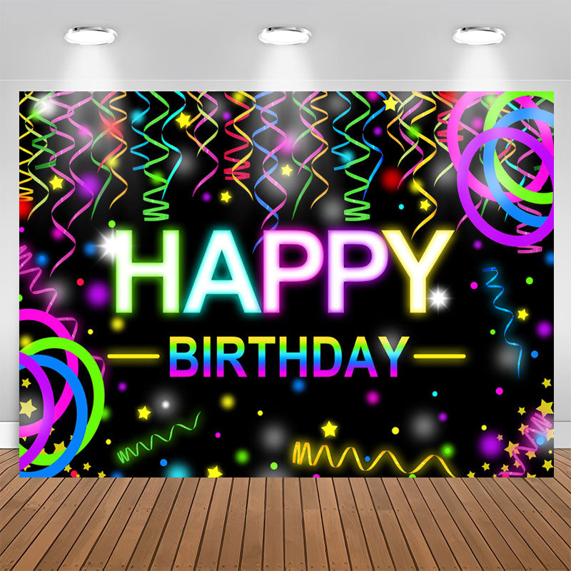 Lofaris Colorful Ribbons Bokeh Black Happy Birthday Backdrop