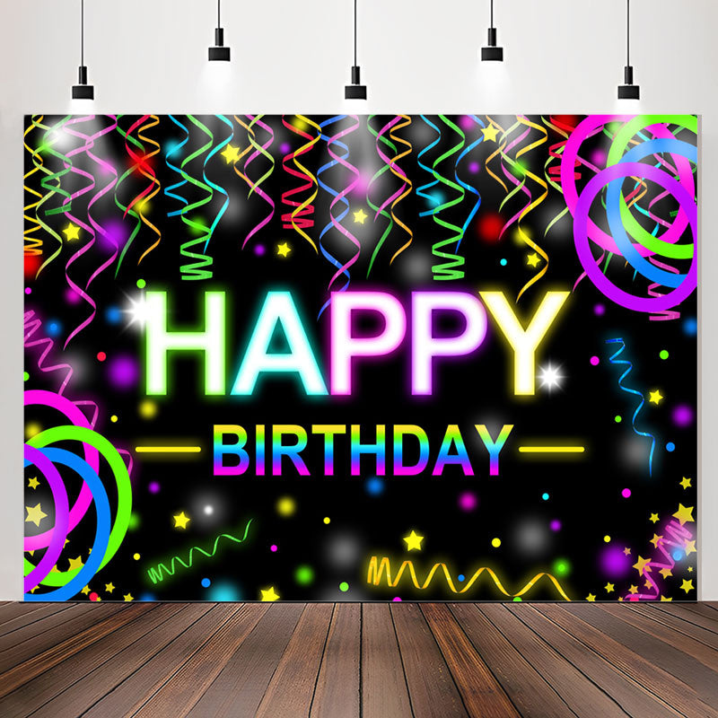 Lofaris Colorful Ribbons Bokeh Black Happy Birthday Backdrop
