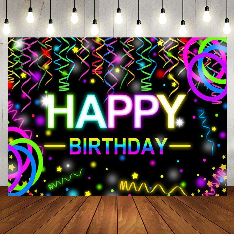 Lofaris Colorful Ribbons Bokeh Black Happy Birthday Backdrop