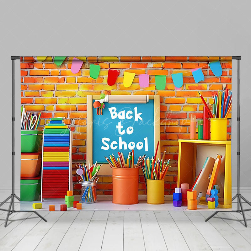 Lofaris Colorful Stationery Brick Wall Back To School Backdrop