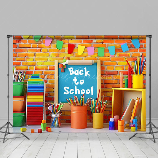 Lofaris Colorful Stationery Brick Wall Back To School Backdrop