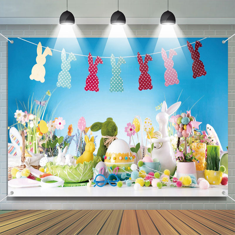 Lofaris Colorful Trinkets Bunny Eggs Blue Easter Backdrop