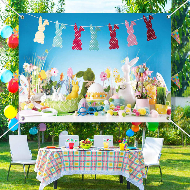 Lofaris Colorful Trinkets Bunny Eggs Blue Easter Backdrop