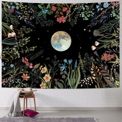 Lofaris Colorful Wild Floral Moon Stars Night Sky Tapestry