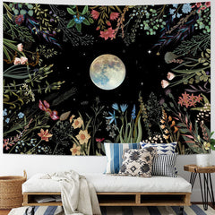 Lofaris Colorful Wild Floral Moon Stars Night Sky Tapestry