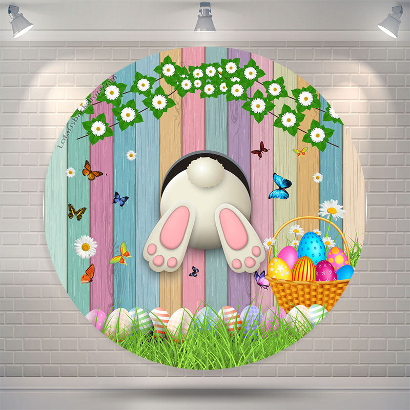 Lofaris Colorful Wood And Eggs Rabbit Round Easter Backdrop