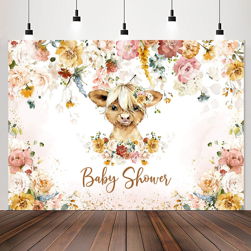 Lofaris Colourful Floral Cow Baby Shower Backdrop For Girl