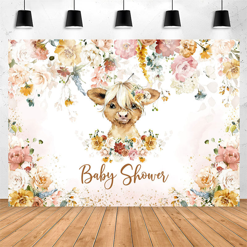 Lofaris Colourful Floral Cow Baby Shower Backdrop For Girl