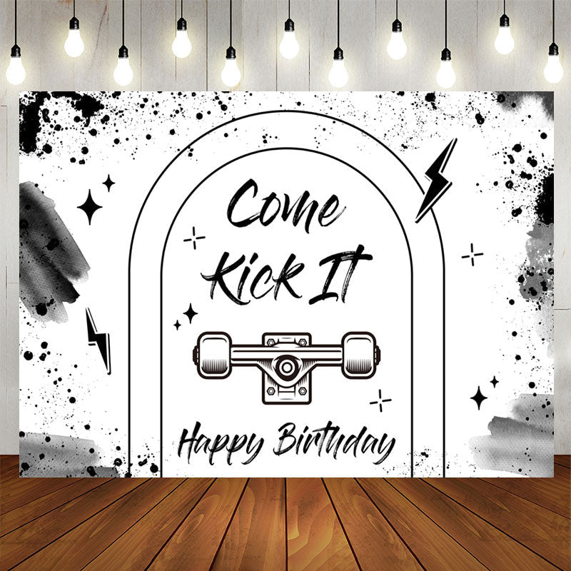 Lofaris Come Kick It Black Ink White Happy Birthday Backdrop