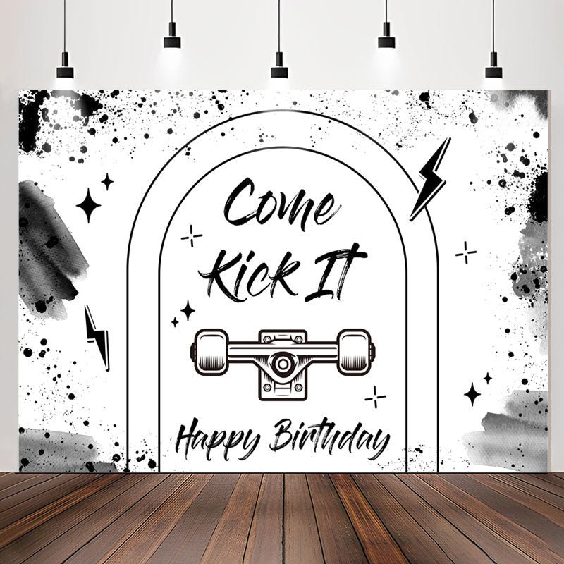 Lofaris Come Kick It Black Ink White Happy Birthday Backdrop
