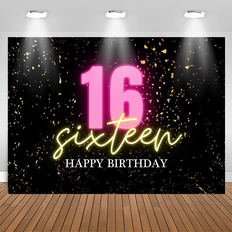 Lofaris Confetti Gold Black Happy Sixteen Birthday Backdrop