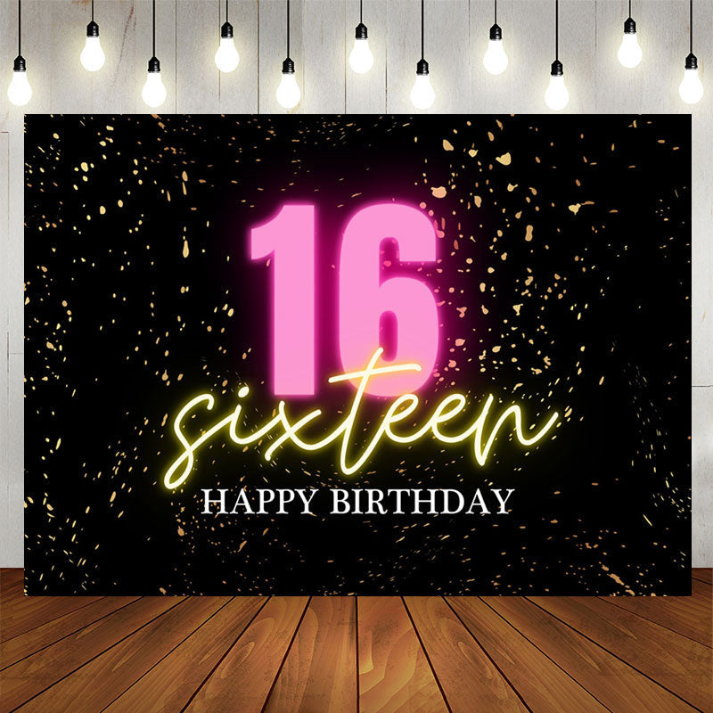 Lofaris Confetti Gold Black Happy Sixteen Birthday Backdrop