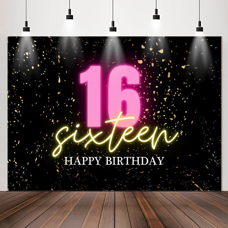 Lofaris Confetti Gold Black Happy Sixteen Birthday Backdrop