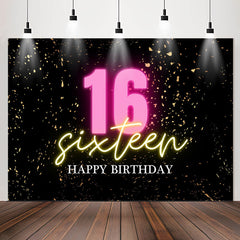 Lofaris Confetti Gold Black Happy Sixteen Birthday Backdrop