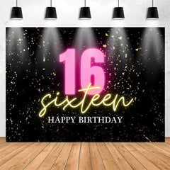 Lofaris Confetti Gold Black Happy Sixteen Birthday Backdrop