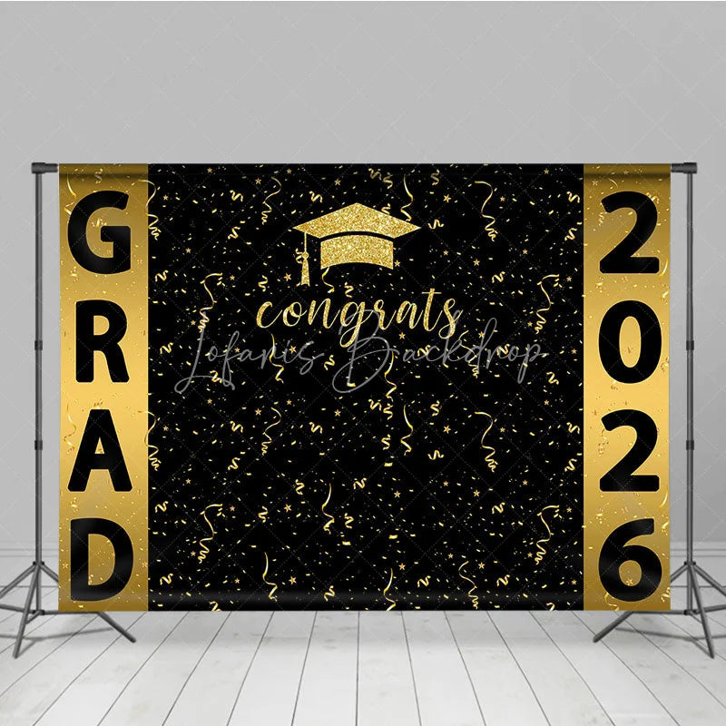 Lofaris Congrats Golden Ribbons Black Graduation Backdrop