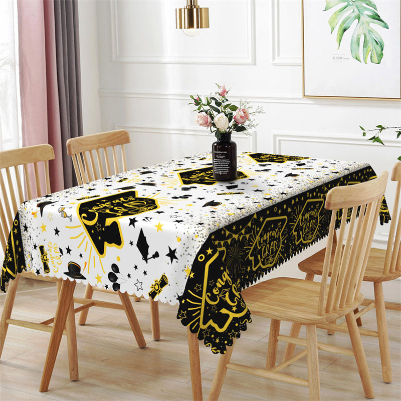 Lofaris Congrats Grad White Black Edge Rectangle Tablecloth