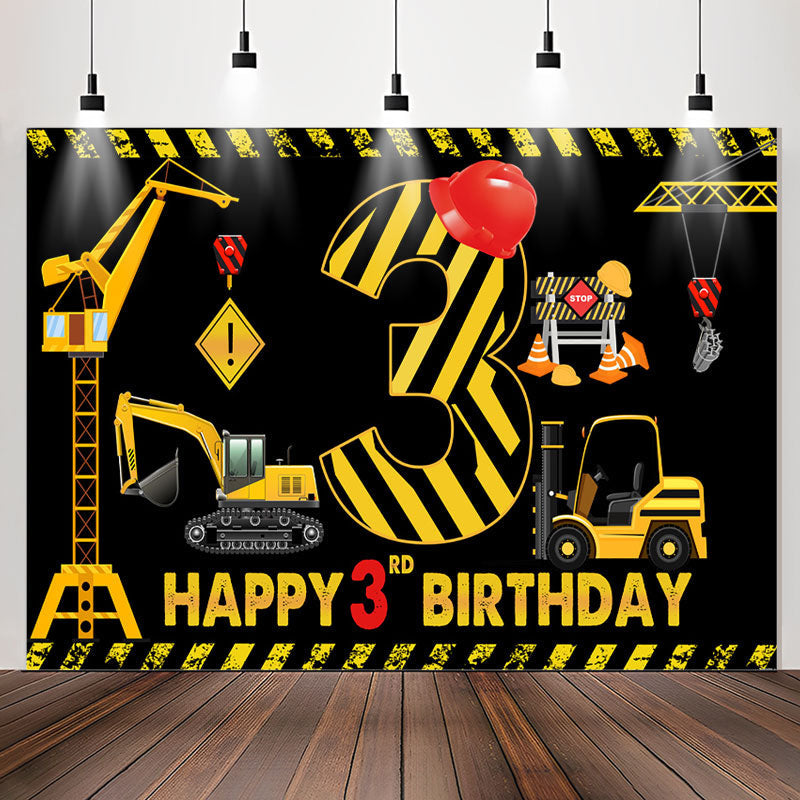 Lofaris Construction Theme Black Happy 3rd Birthday Backdrop