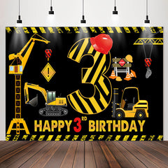 Lofaris Construction Theme Black Happy 3rd Birthday Backdrop