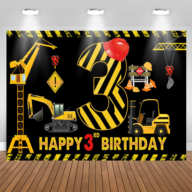 Lofaris Construction Theme Black Happy 3rd Birthday Backdrop