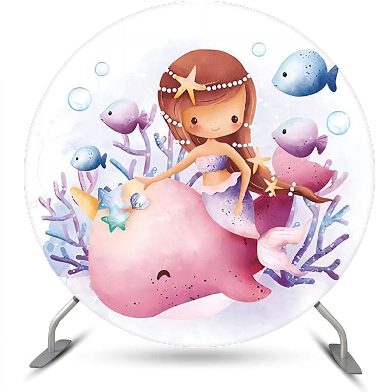 Lofaris Coral Fish Whale Mermaid Round Birthday Backdrop
