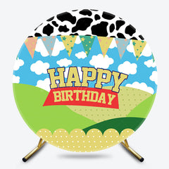 Lofaris Cow Cloud Print Farm Story Round Birthday Backdrop