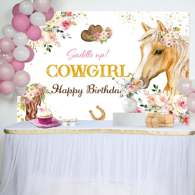 Lofaris Cowgirl Pink Floral Horse Happy Birthday Backdrop
