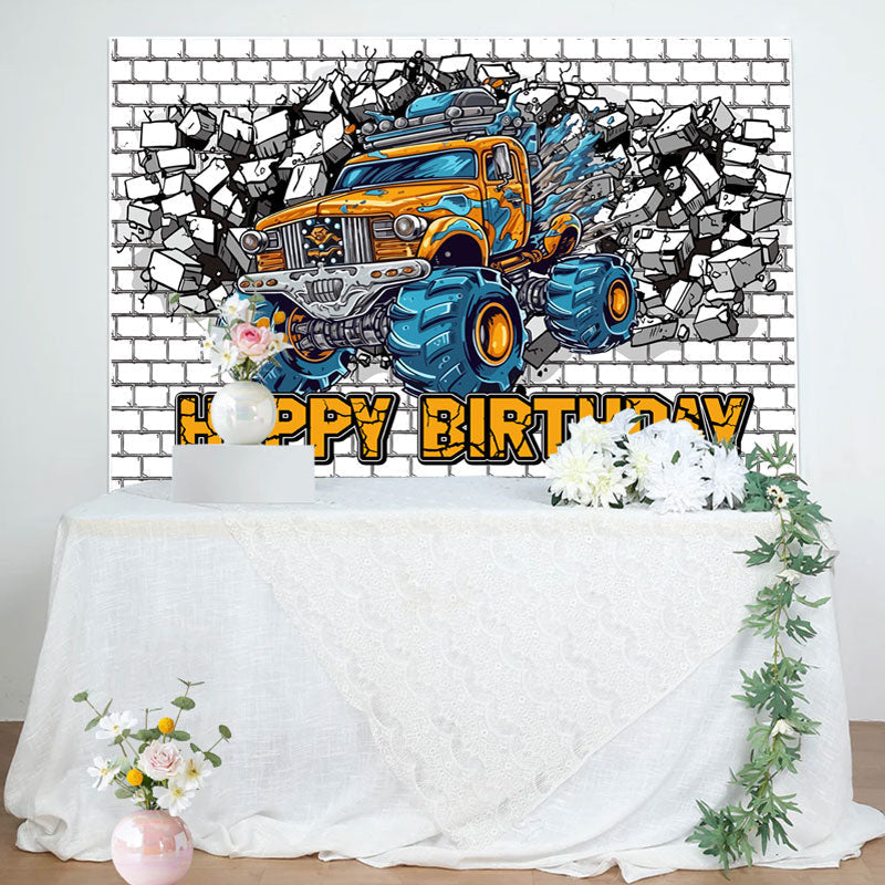 Lofaris Cracked White Brick Wall Car Boys Birthday Backdrop