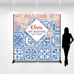 Lofaris Custom Blue Floral Baptism Party Backdrop for Girl
