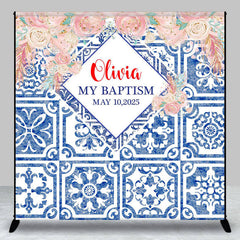 Lofaris Custom Blue Floral Baptism Party Backdrop for Girl