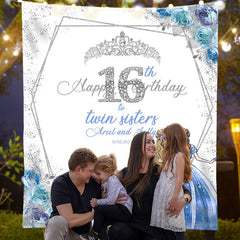 Lofaris Custom Blue Silver Glitter Twins 16th Birthday Backdrop