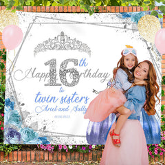 Lofaris Custom Blue Silver Glitter Twins 16th Birthday Backdrop