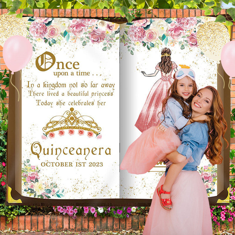 Lofaris Custom Book Pink Floral Girls Birthday Backdrop