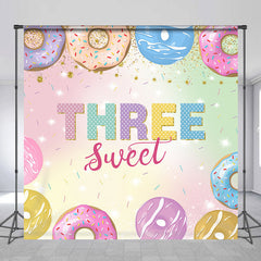 Lofaris Custom Colorful Donut Three Sweet Birthday Backdrop