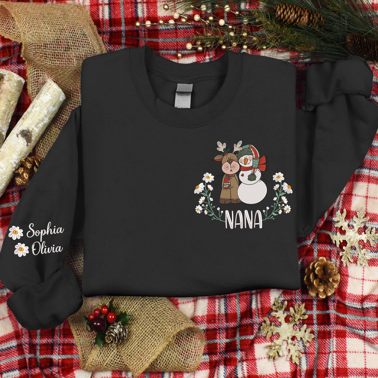 Lofaris Custom Embroidered Reindeer Snowman Sweatshirt